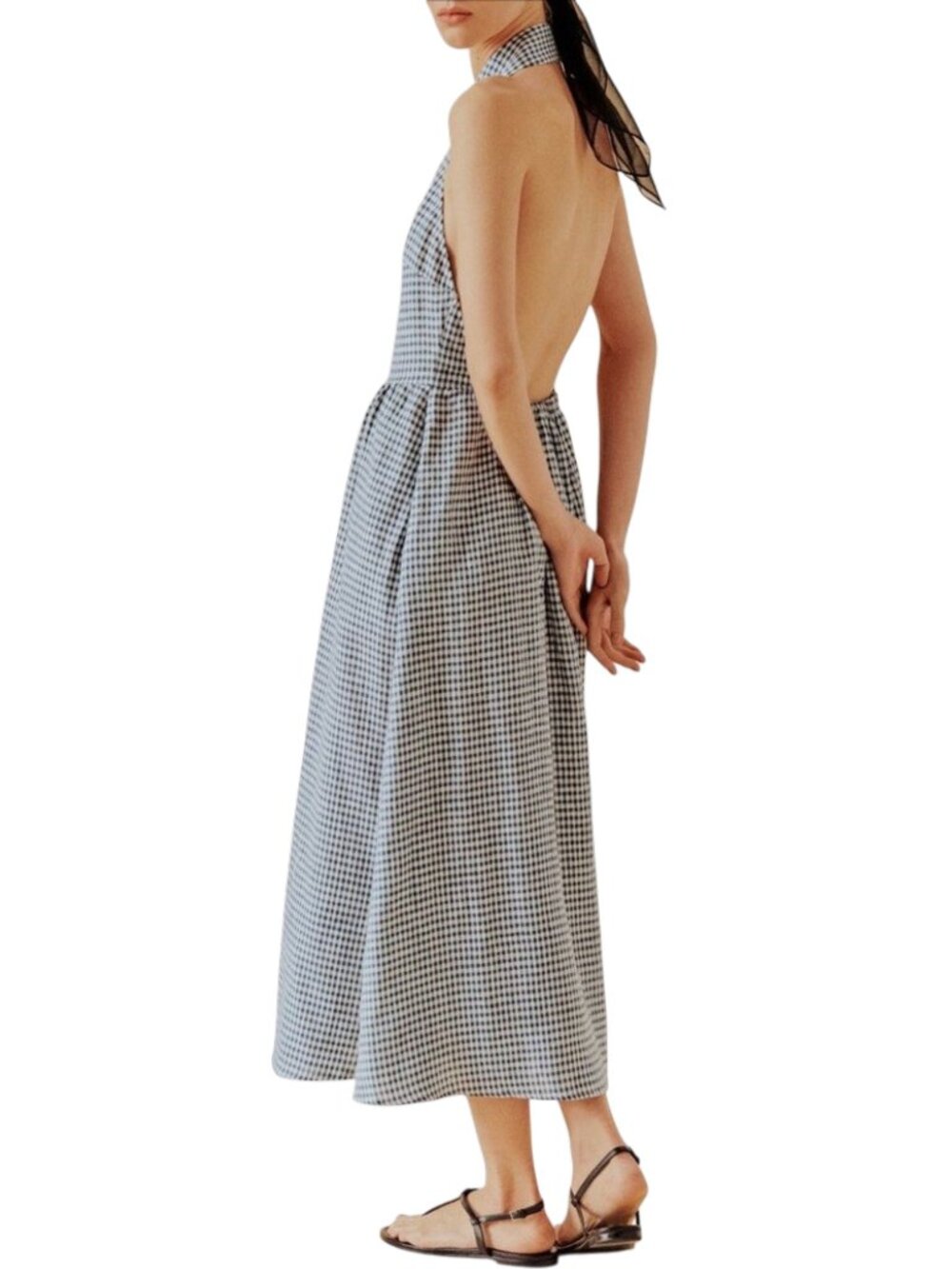 NWOT Reformation Tace Gingham Check Linen Halter Midi Dress 8 Slate White - Picture 2 of 11